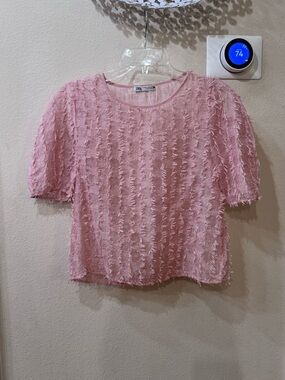 Zara Blush Pink Fringe Texture Crop Top Short Sleeve Boho Y2K Spring Size S